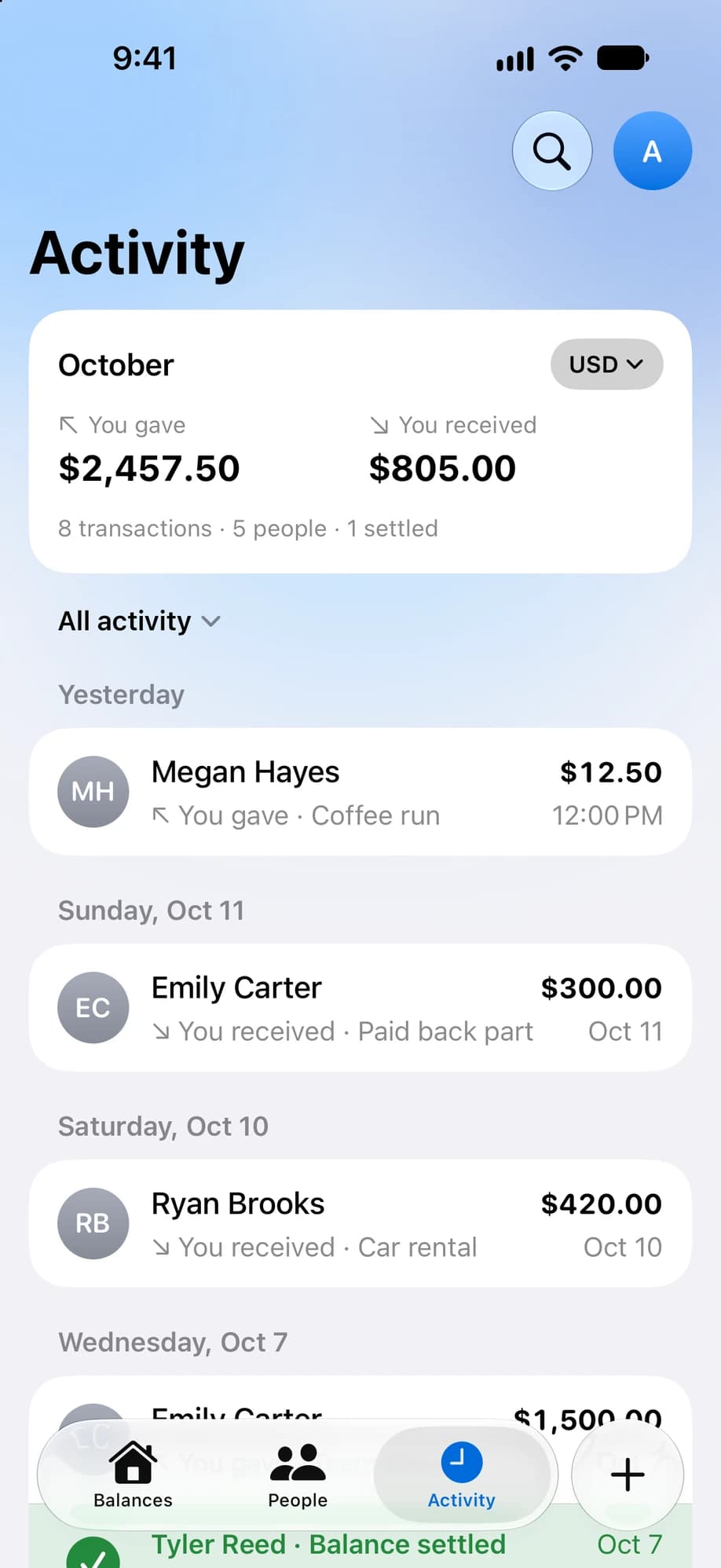 Activity screen listing October payments across several people