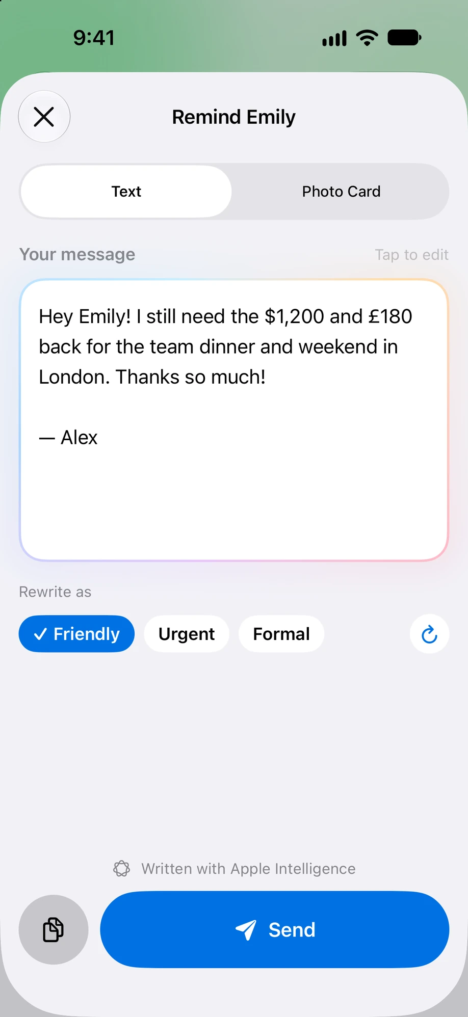 Remind Emily screen with an AI-written reminder and Friendly, Urgent and Formal tone options