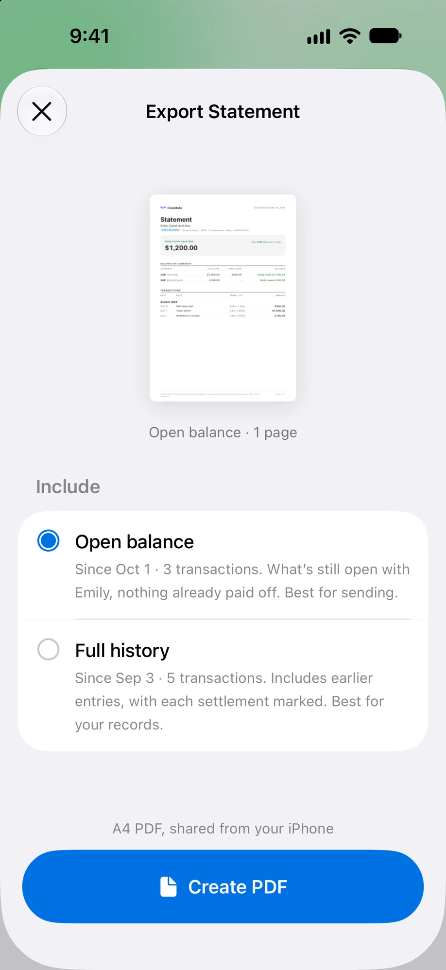 Export Statement screen with a PDF preview and Open balance or Full history options