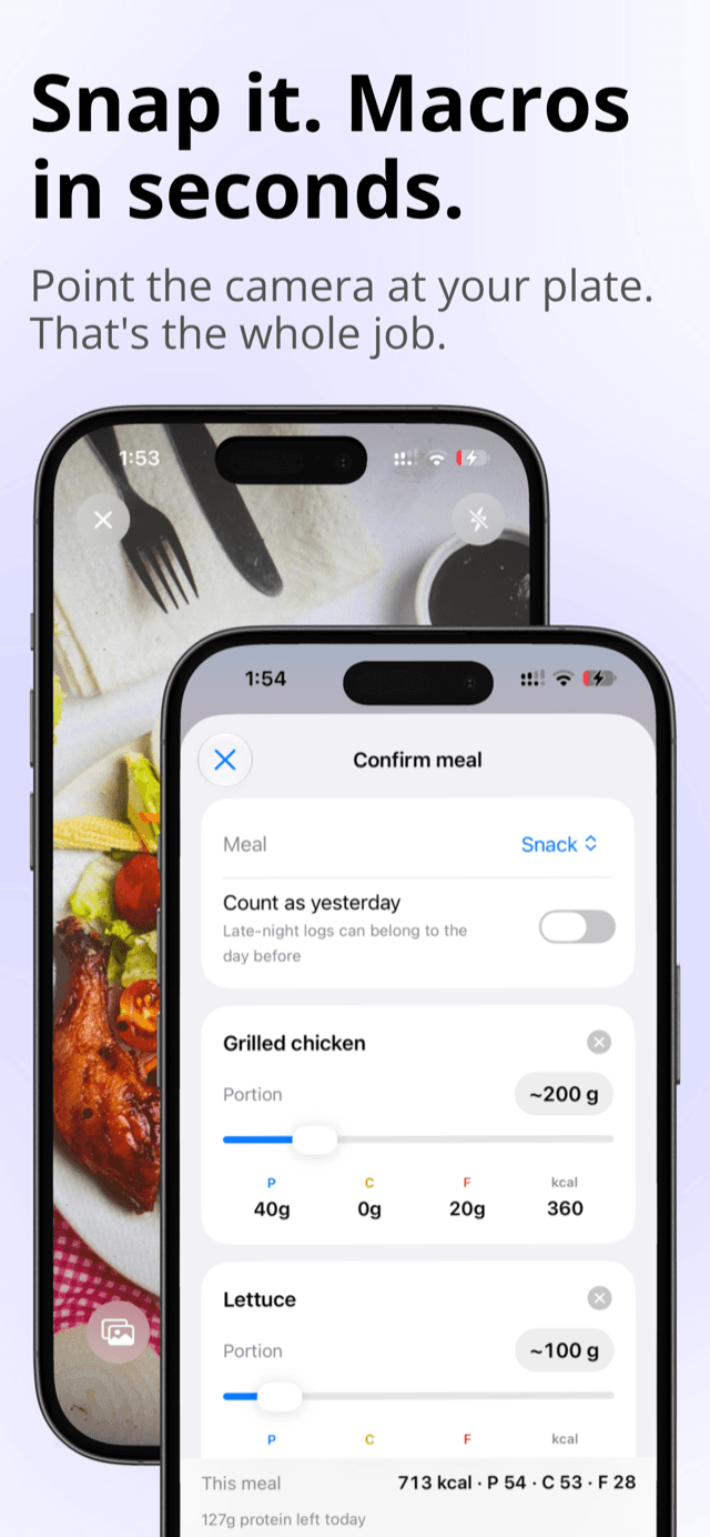 Photo of a plate turned into a confirmed meal with editable portions