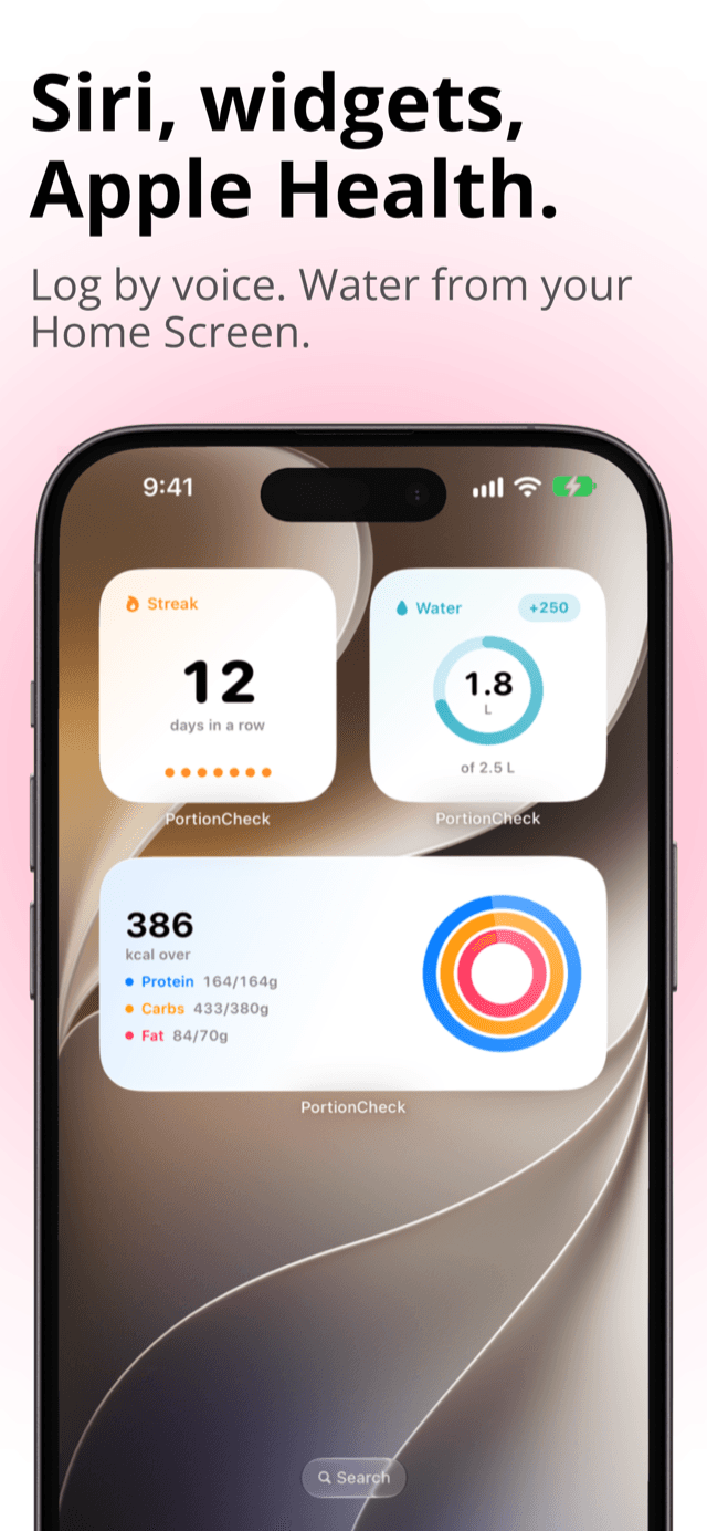 PortionCheck streak, water and macro widgets on the Home Screen